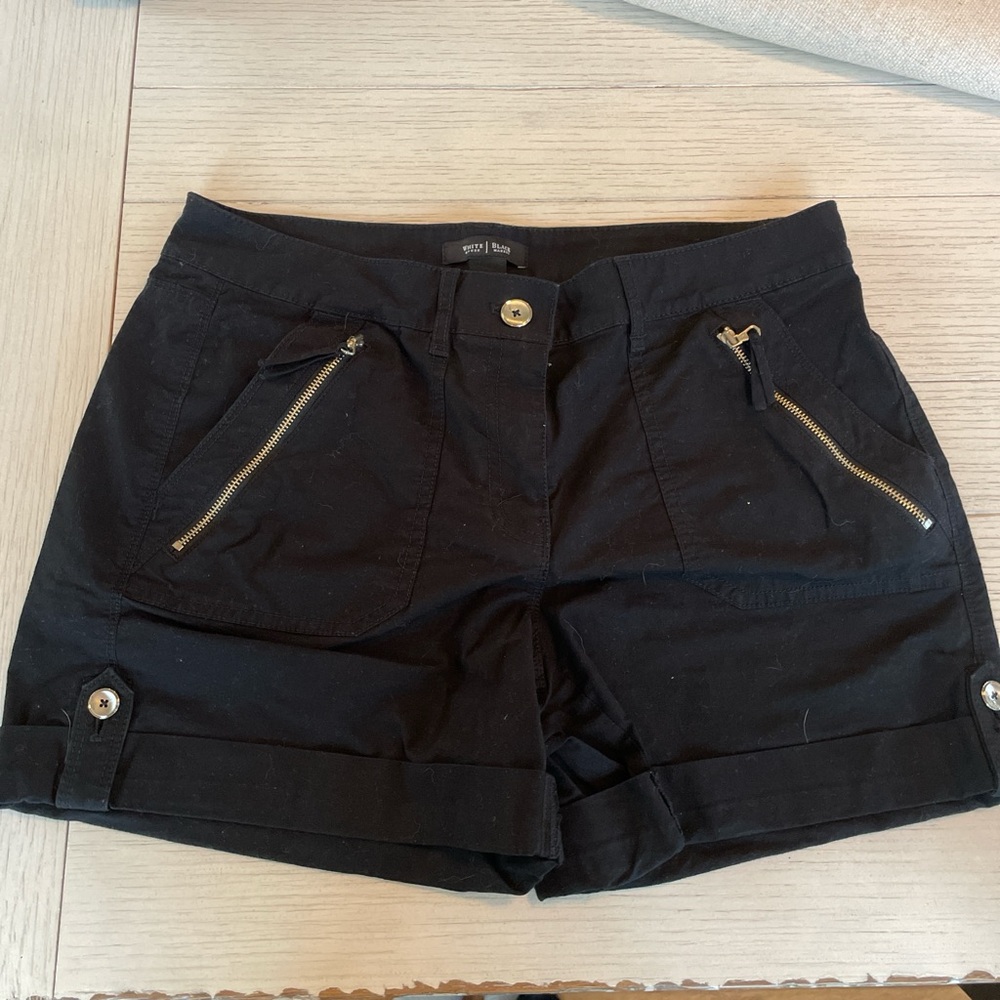 White House Black Market - Black Women's Shorts with Gold Accents, size 4
